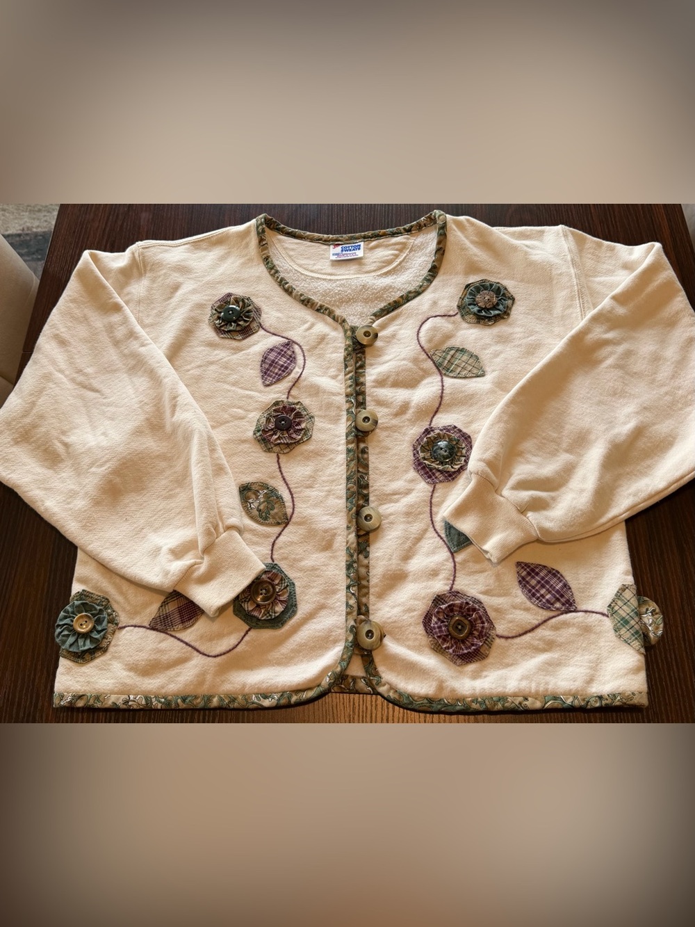 Jerzees Vintage 90s Upcycled Floral Applique Button Sweatshirt Jacket USA Made M